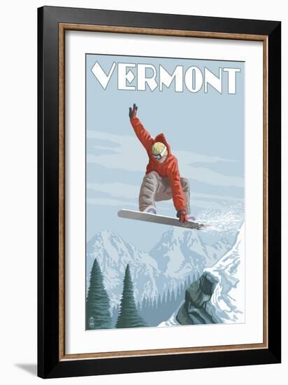 Vermont - Snowboarder Jumping-Lantern Press-Framed Premium Giclee Print