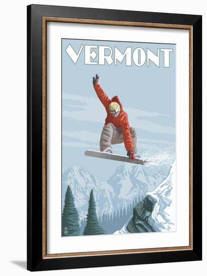 Vermont - Snowboarder Jumping-Lantern Press-Framed Art Print