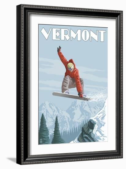 Vermont - Snowboarder Jumping-Lantern Press-Framed Art Print