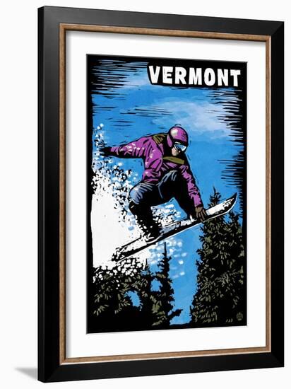 Vermont - Snowboarder - Scratchboard-Lantern Press-Framed Premium Giclee Print