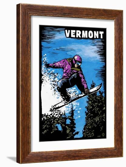 Vermont - Snowboarder - Scratchboard-Lantern Press-Framed Art Print