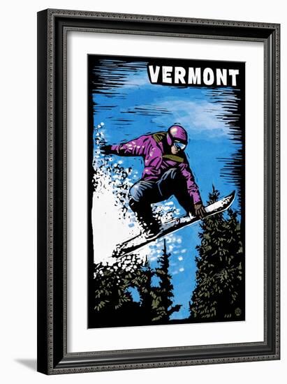 Vermont - Snowboarder - Scratchboard-Lantern Press-Framed Art Print