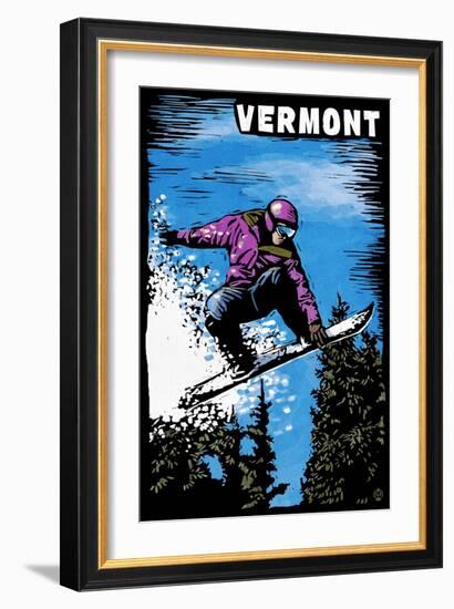 Vermont - Snowboarder - Scratchboard-Lantern Press-Framed Art Print