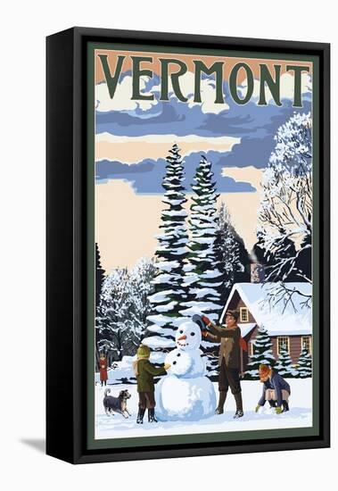 Vermont - Snowman Scene-Lantern Press-Framed Stretched Canvas