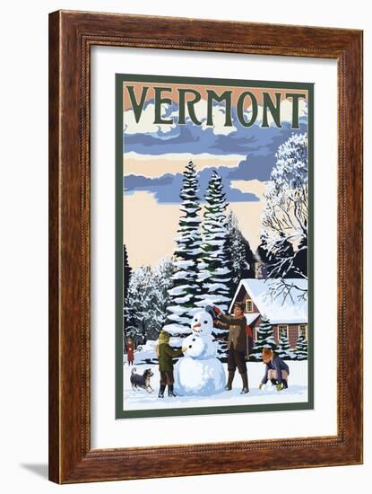 Vermont - Snowman Scene-Lantern Press-Framed Art Print
