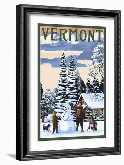 Vermont - Snowman Scene-Lantern Press-Framed Art Print