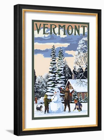 Vermont - Snowman Scene-Lantern Press-Framed Art Print