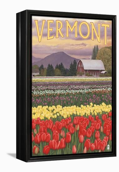 Vermont - Tulip Fields-Lantern Press-Framed Stretched Canvas