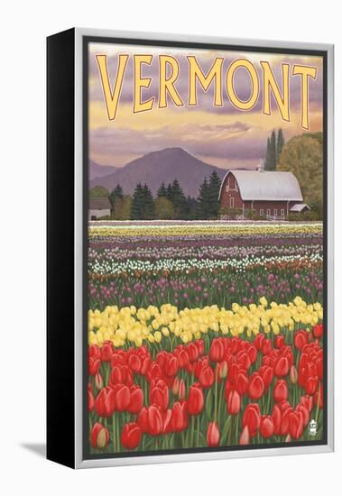 Vermont - Tulip Fields-Lantern Press-Framed Stretched Canvas