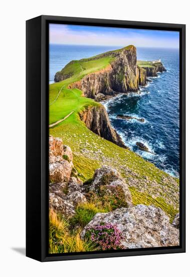 Vertical View of Neist Point Lighthouse and Rocky Ocean Coastline, Scotland-MartinM303-Framed Premier Image Canvas