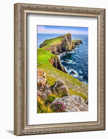 Vertical View of Neist Point Lighthouse and Rocky Ocean Coastline, Scotland-MartinM303-Framed Photographic Print