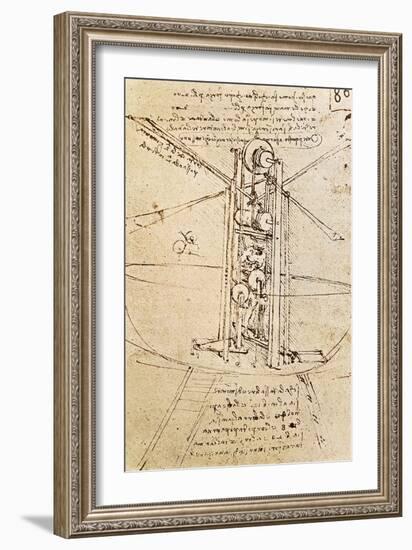 Vertically Standing Bird's-Winged Flying Machine, Fol. 80R from Paris Manuscript B, 1488-90-Leonardo da Vinci-Framed Giclee Print