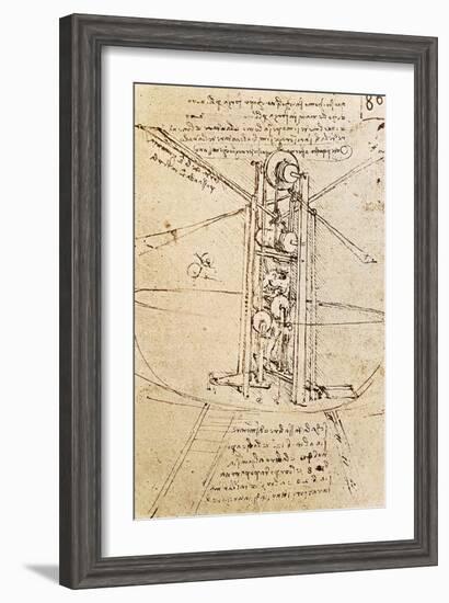 Vertically Standing Bird's-Winged Flying Machine, Fol. 80R from Paris Manuscript B, 1488-90-Leonardo da Vinci-Framed Giclee Print