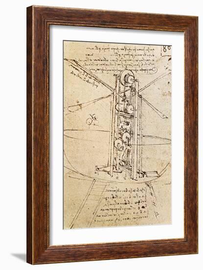 Vertically Standing Bird's-Winged Flying Machine, Fol. 80R from Paris Manuscript B, 1488-90-Leonardo da Vinci-Framed Giclee Print