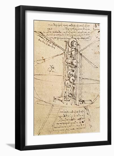 Vertically Standing Bird's-Winged Flying Machine, Fol. 80R from Paris Manuscript B, 1488-90-Leonardo da Vinci-Framed Giclee Print