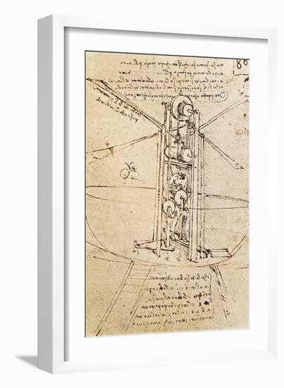 Vertically Standing Bird's-Winged Flying Machine, Fol. 80R from Paris Manuscript B, 1488-90-Leonardo da Vinci-Framed Giclee Print