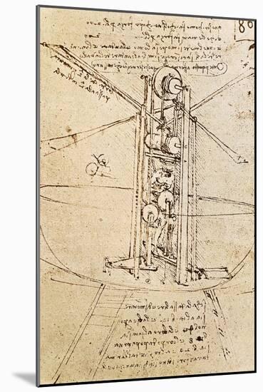 Vertically Standing Bird's-Winged Flying Machine, Fol. 80R from Paris Manuscript B, 1488-90-Leonardo da Vinci-Mounted Giclee Print