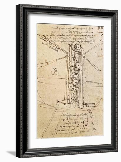 Vertically Standing Bird's-Winged Flying Machine, Fol. 80R from Paris Manuscript B, 1488-90-Leonardo da Vinci-Framed Giclee Print