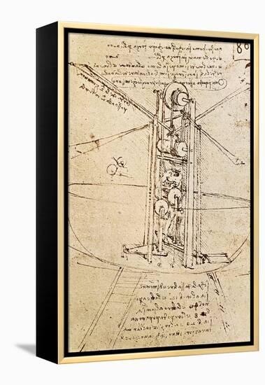 Vertically Standing Bird's-Winged Flying Machine, Fol. 80R from Paris Manuscript B, 1488-90-Leonardo da Vinci-Framed Premier Image Canvas