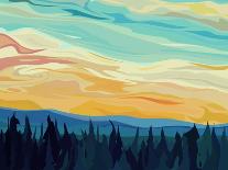 Vector Abstract Illustration Background: Clouds and Hills of Coniferous Forest against Sunset Sky.-Vertyr-Art Print