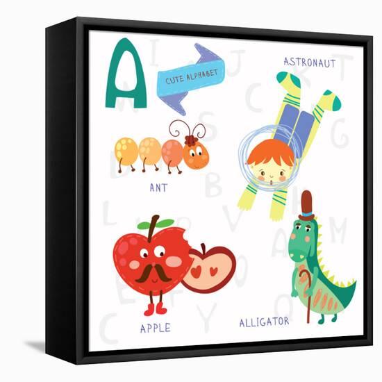 Very Cute Alphabet.A Letter. Ant, Astronaut, Apple, Alligator.-Ovocheva-Framed Stretched Canvas