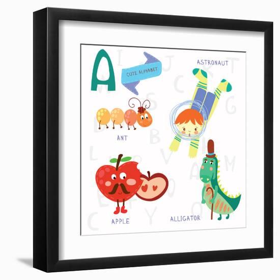 Very Cute Alphabet.A Letter. Ant, Astronaut, Apple, Alligator.-Ovocheva-Framed Art Print