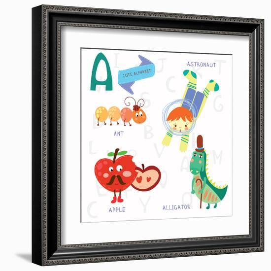 Very Cute Alphabet.A Letter. Ant, Astronaut, Apple, Alligator.-Ovocheva-Framed Art Print