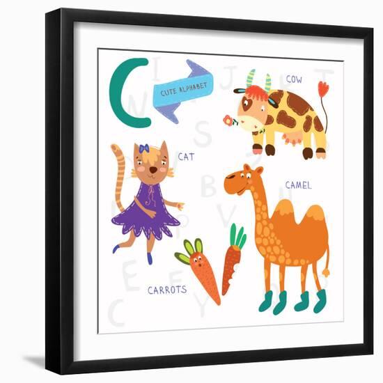 Very Cute Alphabet.C Letter. Cat, Cow, Camel, Carrots. Alphabet-Ovocheva-Framed Premium Giclee Print