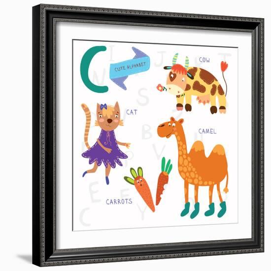 Very Cute Alphabet.C Letter. Cat, Cow, Camel, Carrots. Alphabet-Ovocheva-Framed Premium Giclee Print