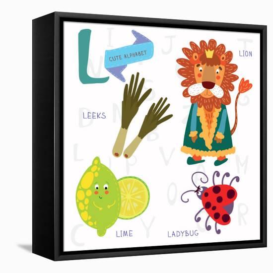 Very Cute Alphabet.L Letter.Leeks, Lion, Ladybug, Lime.-Ovocheva-Framed Stretched Canvas