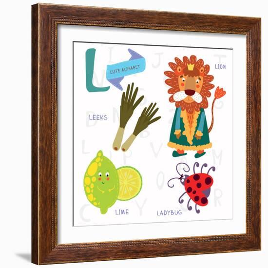 Very Cute Alphabet.L Letter.Leeks, Lion, Ladybug, Lime.-Ovocheva-Framed Premium Giclee Print