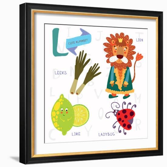 Very Cute Alphabet.L Letter.Leeks, Lion, Ladybug, Lime.-Ovocheva-Framed Premium Giclee Print