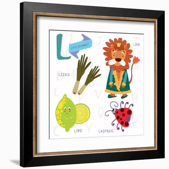 Very Cute Alphabet.L Letter.Leeks, Lion, Ladybug, Lime.-Ovocheva-Framed Art Print