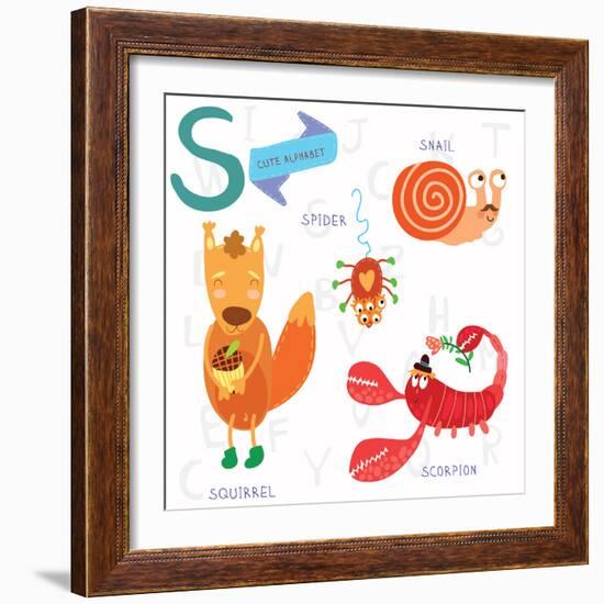 Very Cute Alphabet. S Letter.Squirrel, Scorpion, Spider, Snail.-Ovocheva-Framed Premium Giclee Print