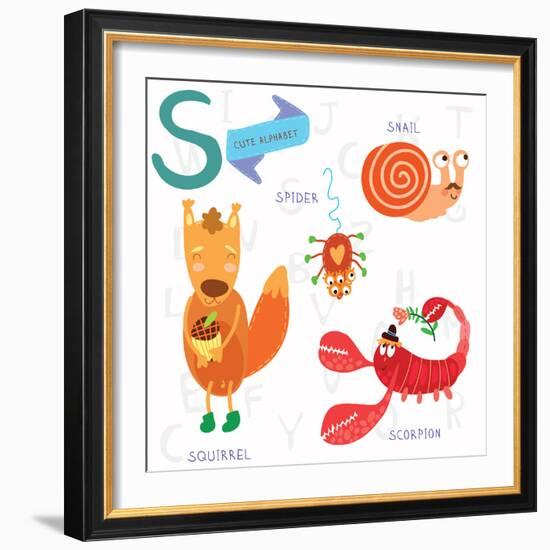 Very Cute Alphabet. S Letter.Squirrel, Scorpion, Spider, Snail.-Ovocheva-Framed Premium Giclee Print