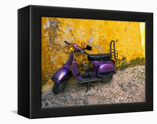 Vespa and Yellow Wall in Old Town, Rhodes, Greece-Tom Haseltine-Framed Premier Image Canvas