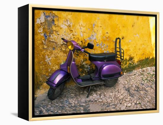 Vespa and Yellow Wall in Old Town, Rhodes, Greece-Tom Haseltine-Framed Premier Image Canvas