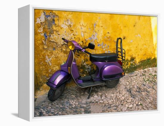 Vespa and Yellow Wall in Old Town, Rhodes, Greece-Tom Haseltine-Framed Premier Image Canvas