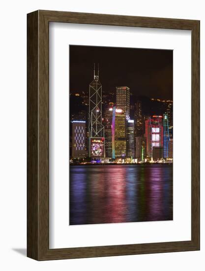 Victoria Harbor and light show on skyscrapers, Central, Hong Kong, China-David Wall-Framed Photographic Print