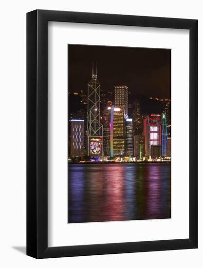 Victoria Harbor and light show on skyscrapers, Central, Hong Kong, China-David Wall-Framed Photographic Print