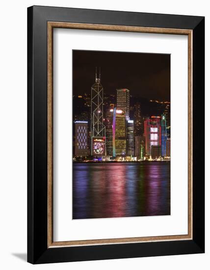 Victoria Harbor and light show on skyscrapers, Central, Hong Kong, China-David Wall-Framed Photographic Print