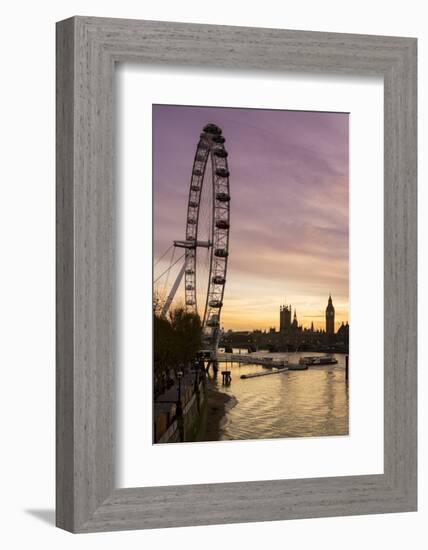 Victoria Tower, Big Ben, Houses of Parliament and London Eye Overshadow the River Thames at Dusk-Charles Bowman-Framed Photographic Print