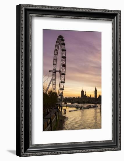 Victoria Tower, Big Ben, Houses of Parliament and London Eye Overshadow the River Thames at Dusk-Charles Bowman-Framed Photographic Print
