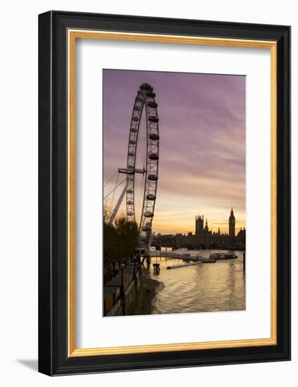 Victoria Tower, Big Ben, Houses of Parliament and London Eye Overshadow the River Thames at Dusk-Charles Bowman-Framed Photographic Print