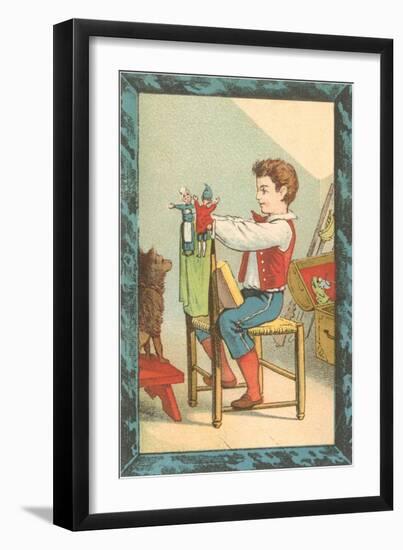 Victorian Boy with Punch and Judy Show for Dog-null-Framed Art Print