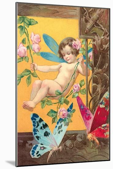 Victorian Cherub Swinging in Roses-null-Mounted Art Print