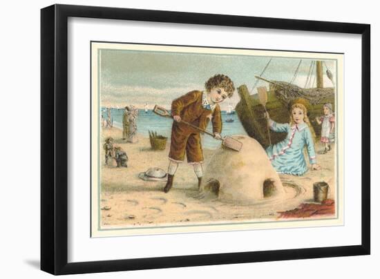 Victorian Children with Sand Castle-null-Framed Art Print