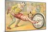 Victorian Clowns Using Spool as Wheel Barrow-null-Mounted Art Print