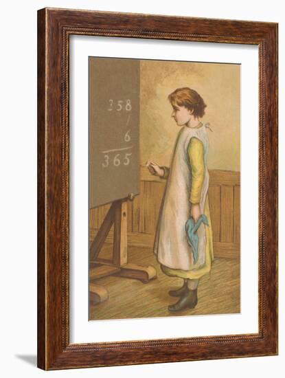 Victorian Girl Adding at Chalkboard-null-Framed Art Print