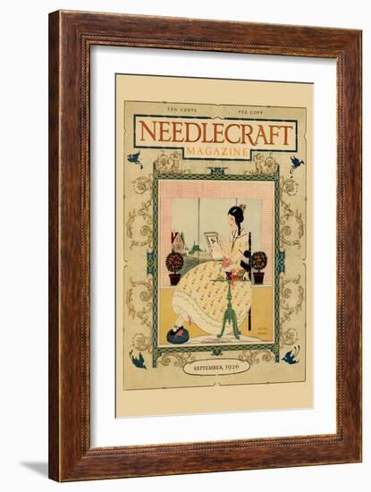 Victorian Girl Does Needlepoint Portrait-Needlecraft Magazine-Framed Art Print